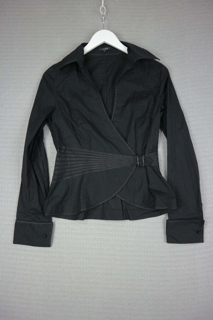 Linea Black Pleated Obi Wrap Blouse Side Buckle Collared Peplum Top Size 8